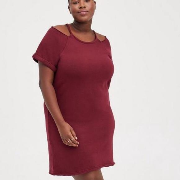 Torrid Burgundy Mini Cozy Fleece Cold Shoulder Dress - Picture 6 of 9
